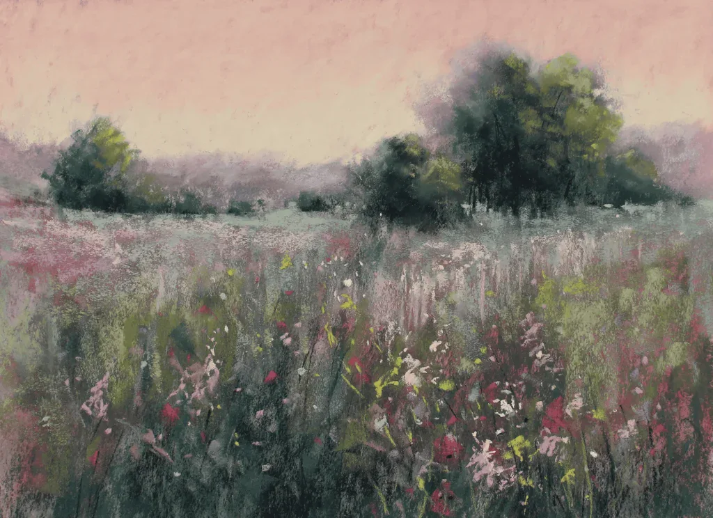 Soft pastel wildflower meadow landscape by Valerie McKeehan: pink and cream blooms in tall grass beneath a peach evening sky.