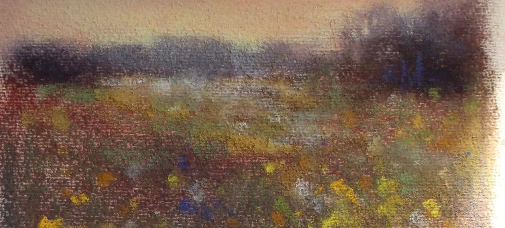 Close-up of a soft pastel meadow painting by Valerie McKeehan, with earlier layers of purple and gold showing through the top marks.