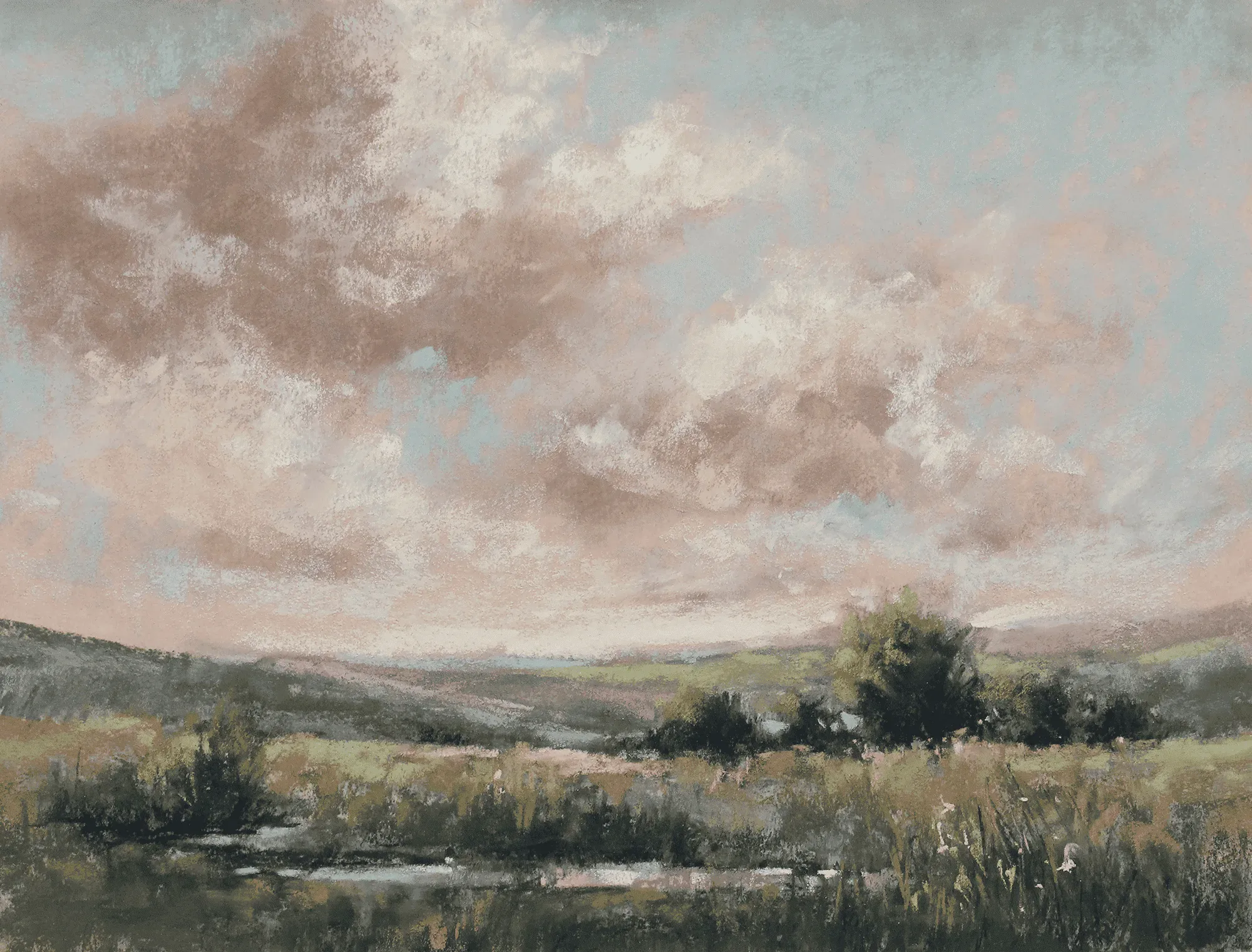 Loose, impressionistic soft pastel landscape by Valerie McKeehan with soft peach clouds over rolling fields and a quiet pond.
