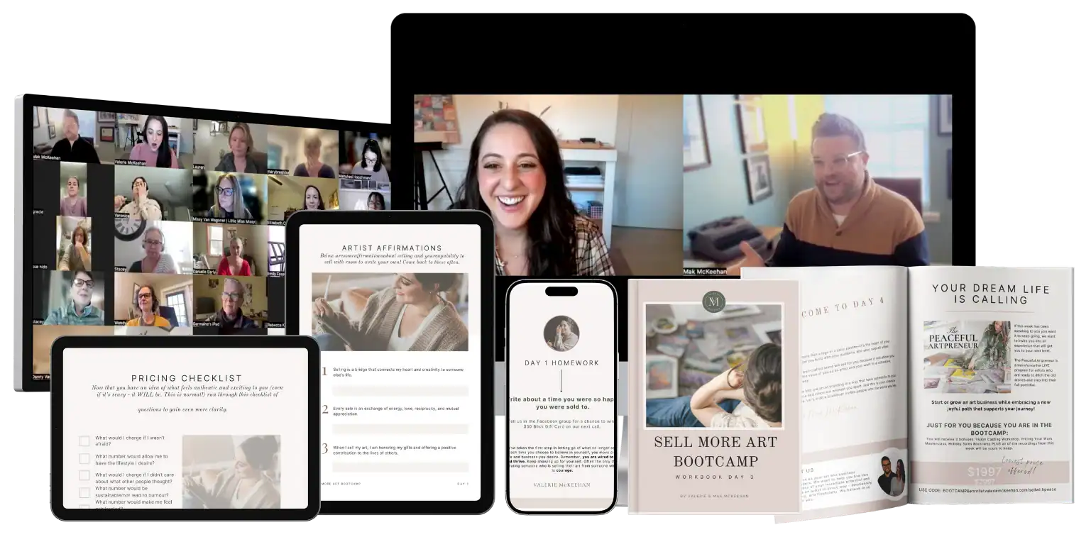 Sell More Art Bootcamp recorded sessions and workbooks shown on laptop, tablet, phone, and print.
