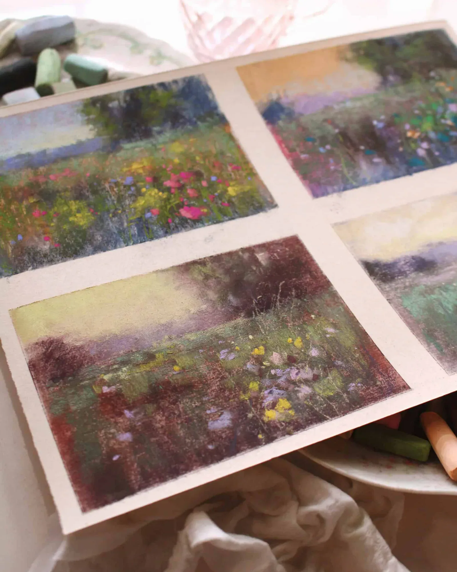 Soft pastel landscape studies by Valerie McKeehan on pastel paper, with pastel sticks resting at the edge.