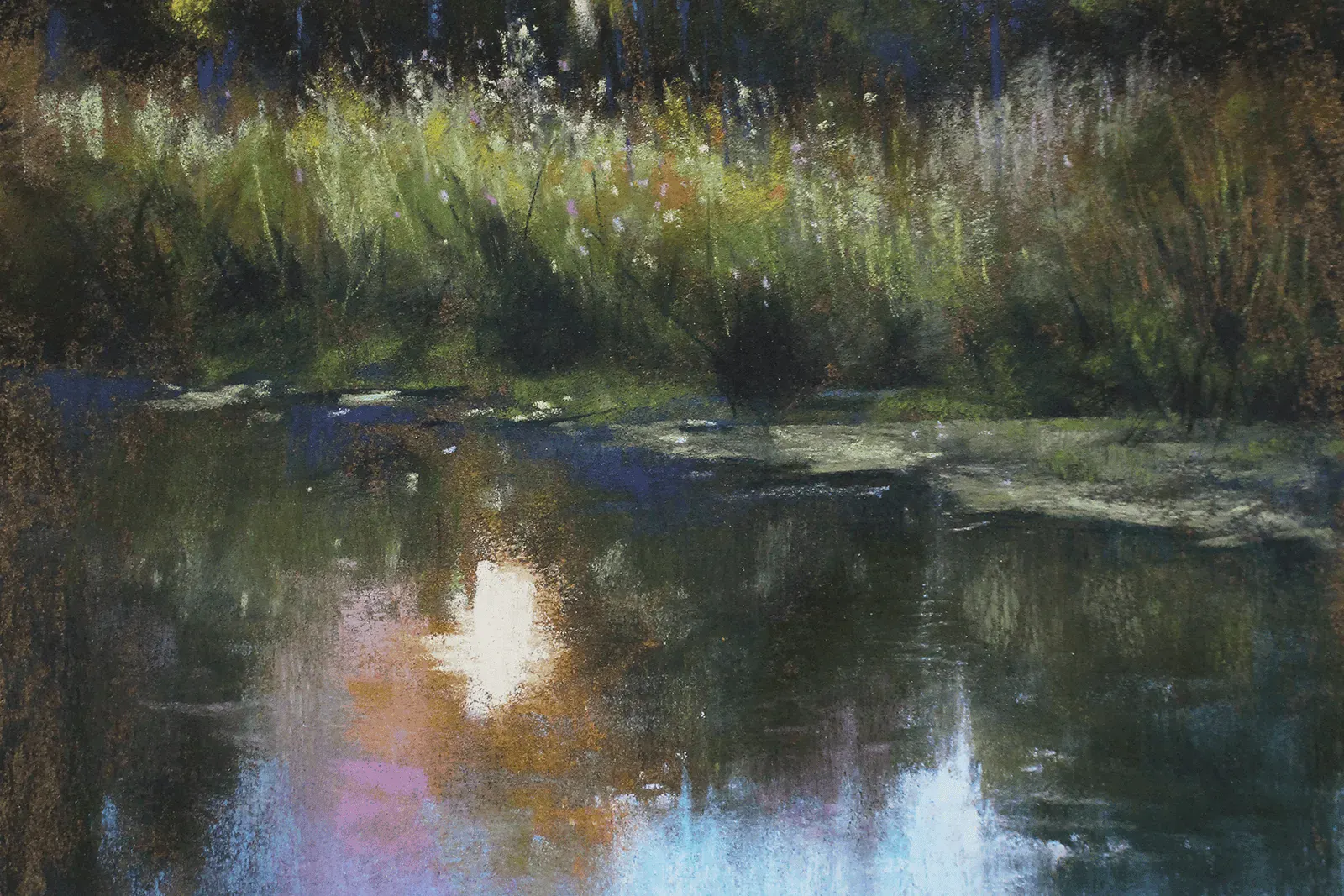 Soft pastel sunset landscape by Valerie McKeehan: golden light through trees reflected in a quiet pond.